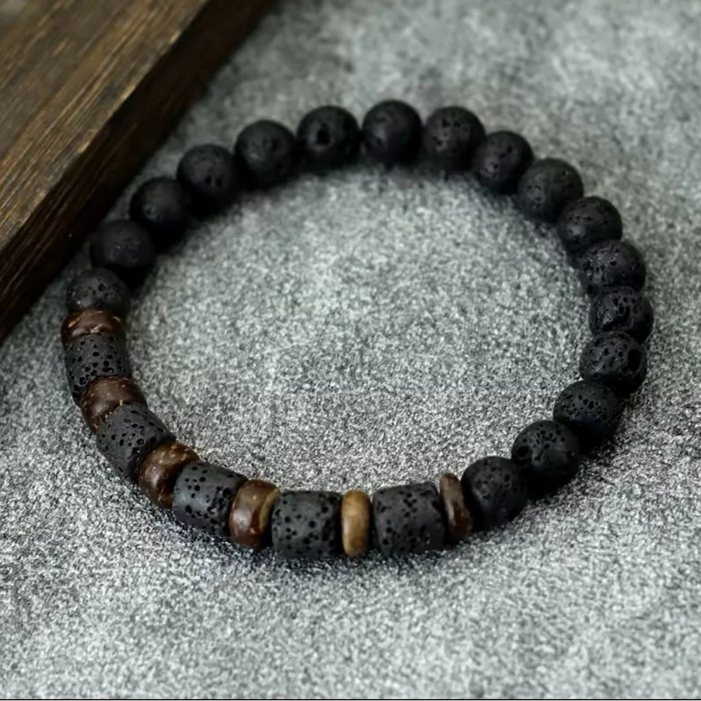 Mens Wood Bracelet Natural Volcanic Beads